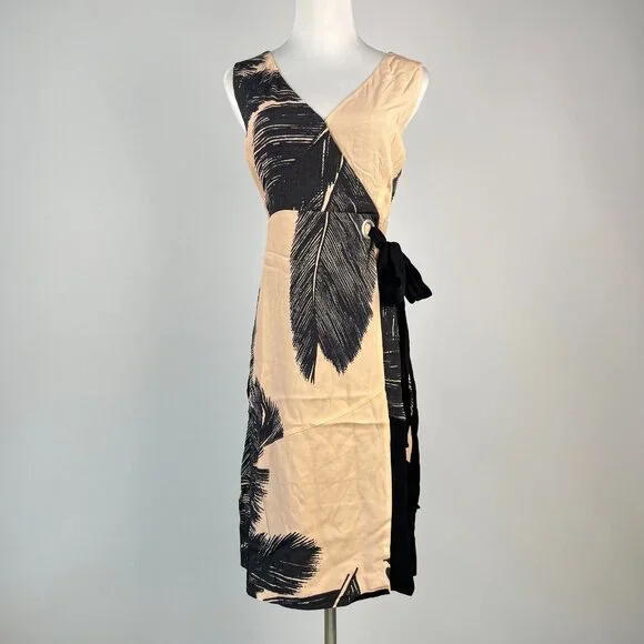NWT Mint Velvet Beige / Peach Black Feather Pencil Midi TIE Dress US 4 UK 8 - Picture 2 of 12